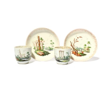 A pair of London-decorated Chinese porcelain coffee cups and saucers, c.1760-65, painted by Jefferyes Hamett O'Neale in the a