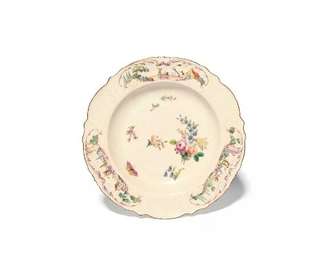 A Chelsea plate of Warren Hastings type, c.1753-55, the rim painted by Jefferyes Hamett O'Neale with panels of figures in lan