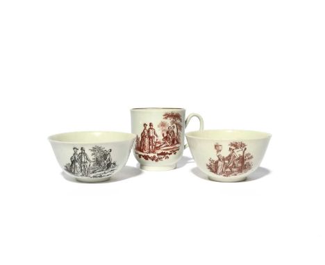 Two Worcester 'Smoky Primitive' teabowls, c.1755, one printed in red with the Milkmaid at the Gate pattern, the reverse with 