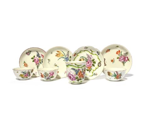 Three Chinese porcelain London-decorated teabowls and saucers, c.1760, finely painted with flower sprays, colourful butterfli