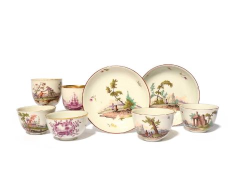 A group of Frankenthal teawares, c.1759-65, two cups from the Joseph Hannong period and painted with a figure on horseback sh