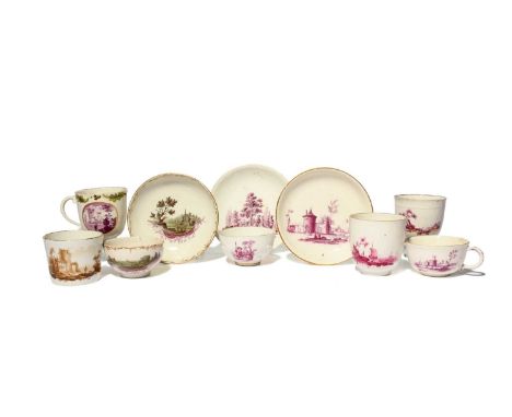 A group of German porcelain tea wares, c.750-80, variously painted in purpurmalerei and other monochrome decoration, includin