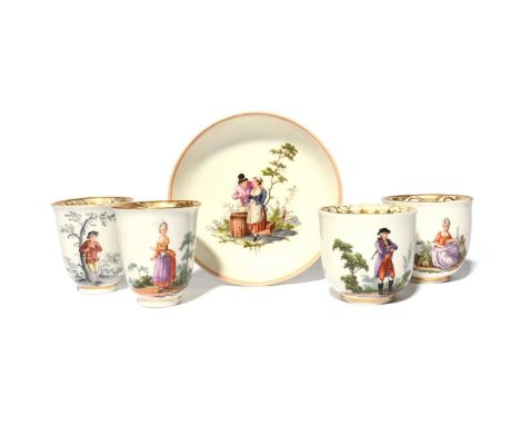 Three Vienna coffee cups with a beaker and a saucer, c.1770, the two larger cups painted by Andreas P Oettner, one with a gen