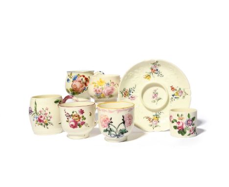 A small group of Mennecy porcelains, c.1740-55, including two coffee cups, two custard cups or pots à jus, a preserve pot or 