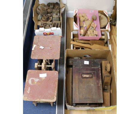 A set of Victorian heavy duty scales with three heavy iron block weights,wooden butter pats, moulds, presses, a cash till etc