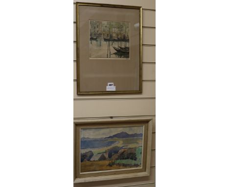 English School, watercolour, Coastal landscape, and a colour print of Venice 24 x 34cm