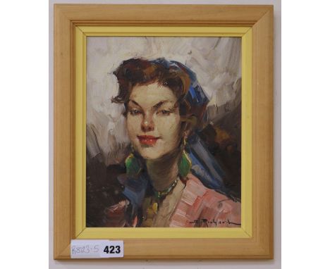 Richard, oil on board, Portrait of a young woman, signed 25 x 20cm