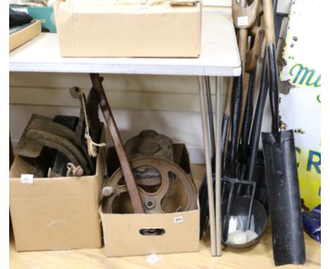 Iron hames, harness, etc. a set of blacksmith's bellows, an iron brinstone pan, ladle etc.