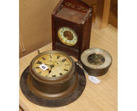 A French mantel clock, barometer and ships bulkhead
