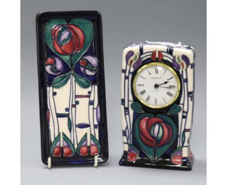 A Moorcroft Mackintosh mantel timepiece and tray Tray L.20cm