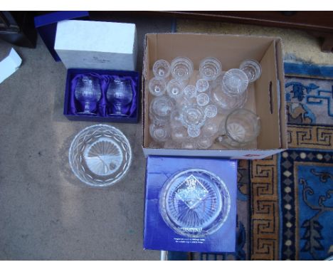 A selection of glassware to include a boxed Edinburgh Crystal 8'' salad bowl, two boxed Edinburgh Crystal brandy glasses, a b