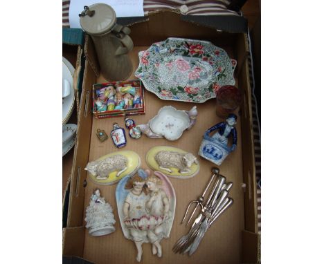 A mixed lot of ceramics and flatware to include a pair of Staffordshire style recumbent sheep, A Capo Di Monte style lady in 