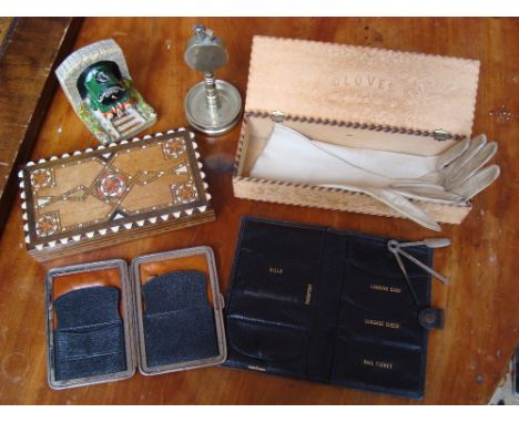 A mixed lot to include a novelty steam train ashtray (a/f), a brass table lighter, two presumably leather wallets, a boxed pa