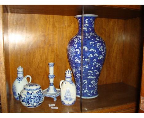 A small mixed lot of ceramics to include two jugs, a candlestick holder and a Chinese vase and a lidded bowl (5). 