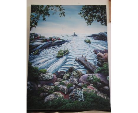Carl Warner. Fishscape Portrait.  A 'Foodscape', scene depicted using different foods, courgettes, fish etc. 99 x 135cm. 