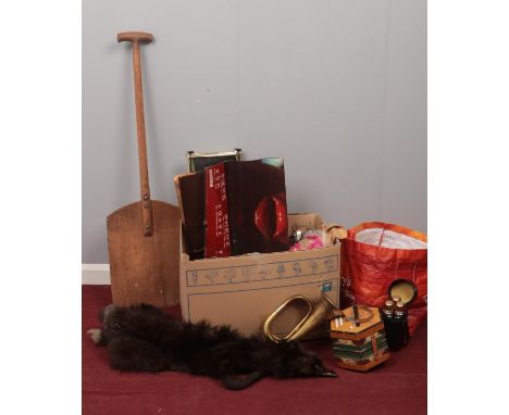 A group of miscellaneous. Pirelli Calendar 1974 10th Anniversary Edition, vintage brass oil cans, fur stole etc  