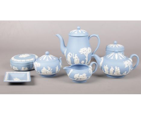 A group of Wedgwood Blue Jasperware ceramic's. Teapot, coffee pot, milk jug, sugar bowl, trinket, pin dish etc  