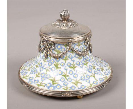 A silver mounted enamelled capstan inkwell. Retailed by Maison Boin-Taburet (est 1873), Paris, with French marks for 950 silv
