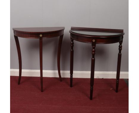 Two Mahogany demi lune console tables ( one with glass top) (70cm h, 60cm w)  