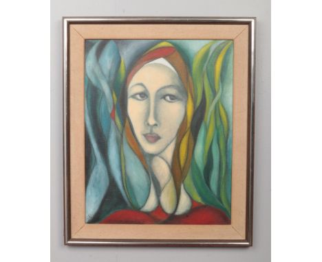 Golda Rose (1921-2016), framed oil on canvas, abstract portrait, titled to the back Teresa. Monogramed. Dated October 1978. 5