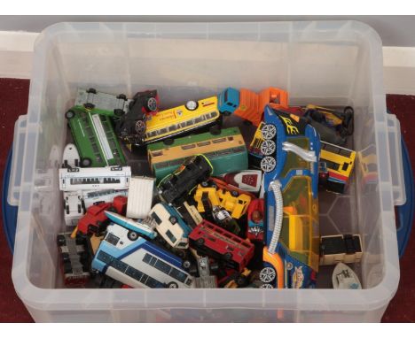 A box of diecast vehicles. Including Corgi, Matchbox, etc.  