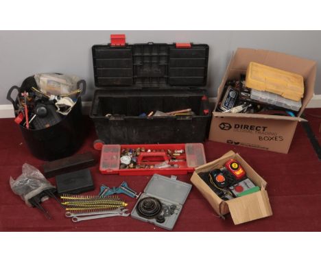 A quantity of tools. Including hand crank screwdrivers, tools box and contents, spanners, etc.  