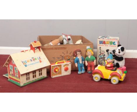 A box of Vintage Toys. Mambo Electric bear drummer (boxed), Fisher Price School house, Bisto Kids soft toys etc  