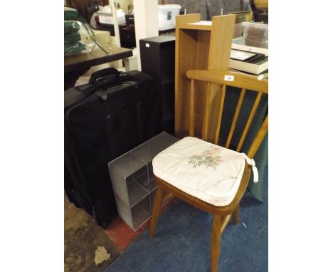 A Spindle Back Chair, Two CD Racks, Metal Rack and A Suitcase 