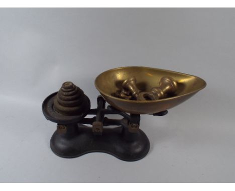 A Set of Brass Mounted Kitchen Scales with Brass Bell Weight and Plain Weights