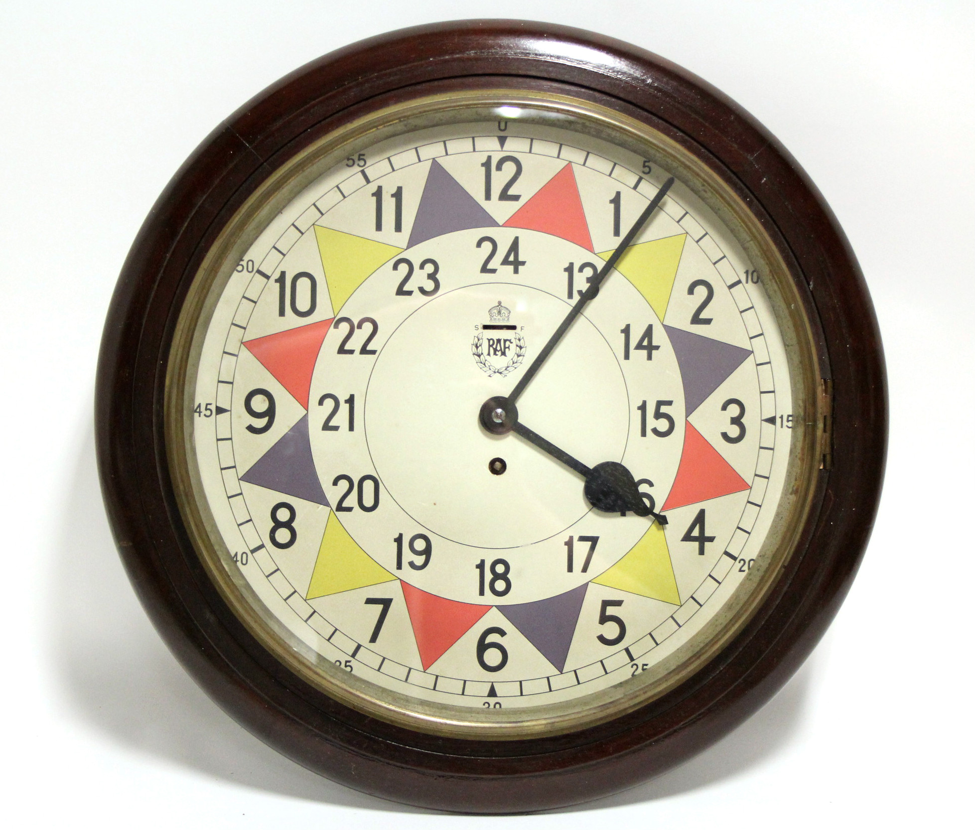 AN R. A. F. SECTOR CLOCK with brass bezel to the 14” off-white 24hour ...