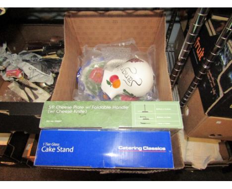A box containing a cheese plate and matching knife, boxed cake stand, ceramic Continental style jug etc