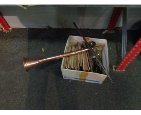 A collection of Ordnance Survey maps, silver plate fish servers, Middle Eastern cutlery, ship, copper hunting horn, etc