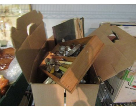 Miscellaneous items including brass Lipton's tea caddy, album of ephemera, brass carriage clock, flatware etc