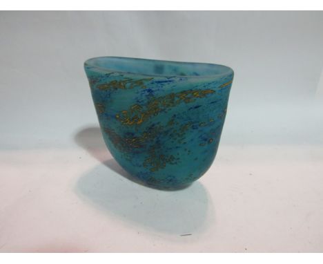 A modern ocean blue oval vase with speckled gold design, 14cm tall