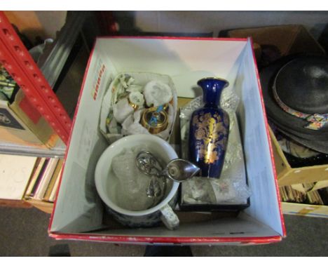 A Box containing a selection of china and metal wares etc including Meakin chamber pot, Royal Worcester pin dishes, KPM blue 