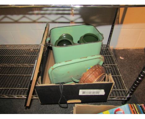 An enamel bread bin, stoneware hot water bottle Denis Compion cricket bat, bevelled edge mirror etc