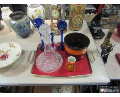 A 1960's Woodmet anodised tray, a Poole "Delphis" vase and a West German jardiniere together with cobalt blue glass including