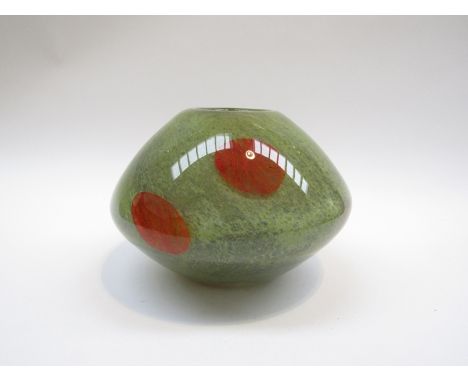 A heavy modernist cased glass vase with vibrant orange accents. 13cm high  