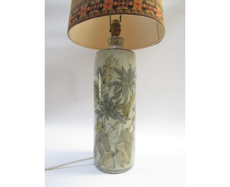 A Colin Kellam studio pottery lamp base painted with foliate detail, impressed seal, original shade. Overall height including