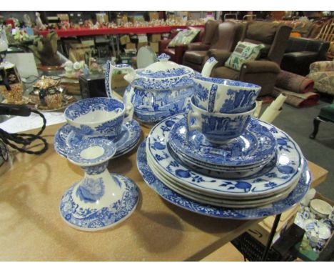 A selection of blue and white wares including Wedgwood plates, Spode teapot, plates and candlestick, etc