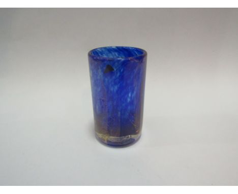 A St John's Crystal, Isle of Man blue and gilt cylindrical vase, 13cm tall