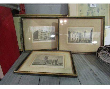 Four pictures including architectural, one depicting the view of Luke's Church Liverpool, framed and glazed
