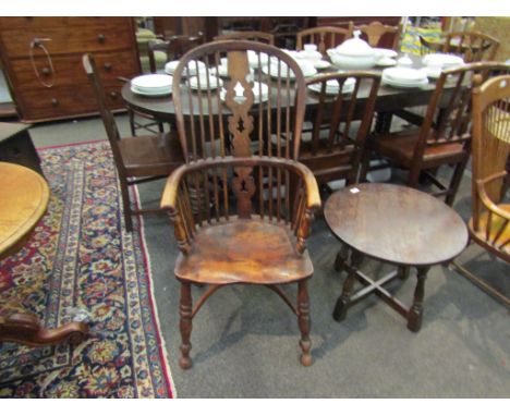 A Victorian Windsor hoop back chair with pierced splat back, elm seat and crinoline stretcher