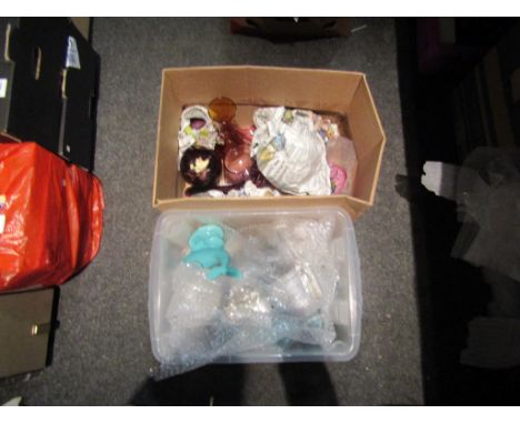 Two boxes of glassware and ceramics including mottled glassware and ceramic figures etc.