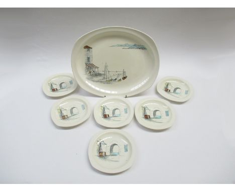 A Midwinter "Riviera" pattern meat plate by Hugh Casson, 35.5cm x 28cm together with six saucers