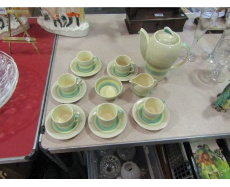 A Susie Cooper Art Deco "817" coffee service to include six cups and saucers, sugar bowl and coffee pot in green, yellow and 