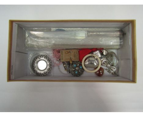 A box containing mostly silver and white metal items including dish, jewellery, silver-handled flatware etc.