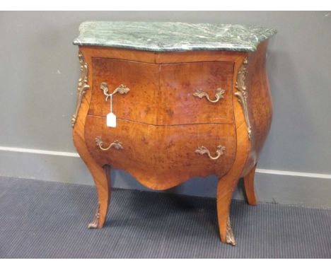 A Louis XV style burrwood and gilt metal mounted serpentine petite commode, with verde antico marble top, 73cm high, 77cm wid