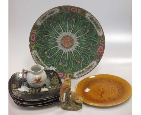 Three Finnish Arabia plates, a canton charger, a Royal Worcester model of two yellow hammers and various other decorative cer