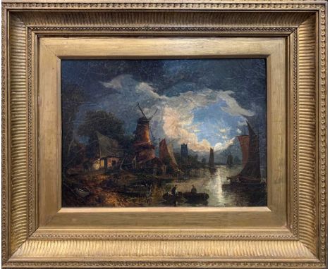 Landscape with a windmill in the manner of John Constable, oil on panel, 25 x 34.5 cm